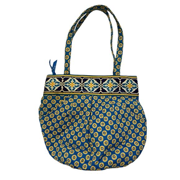 VERA BRADLEY Riviera Blue Zippered Shoulder Bag Purse Blue Yellow Floral Pockets - Picture 1 of 9